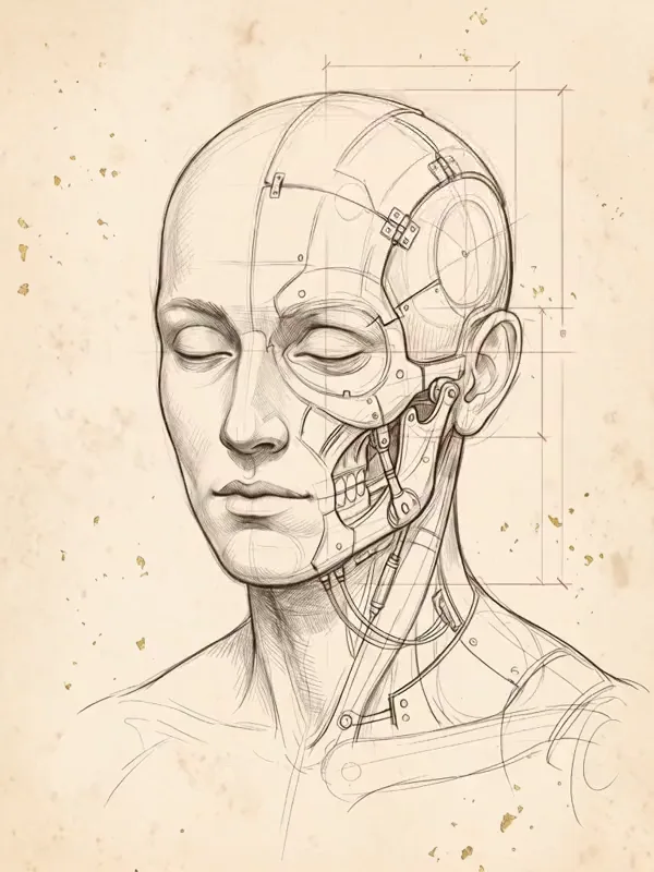 Un estudio anatómico de una cabeza: una mitad es un rostro humano dibujado a lápiz y la otra se convierte en placas de metal cepillado, bisagras de latón y cables.