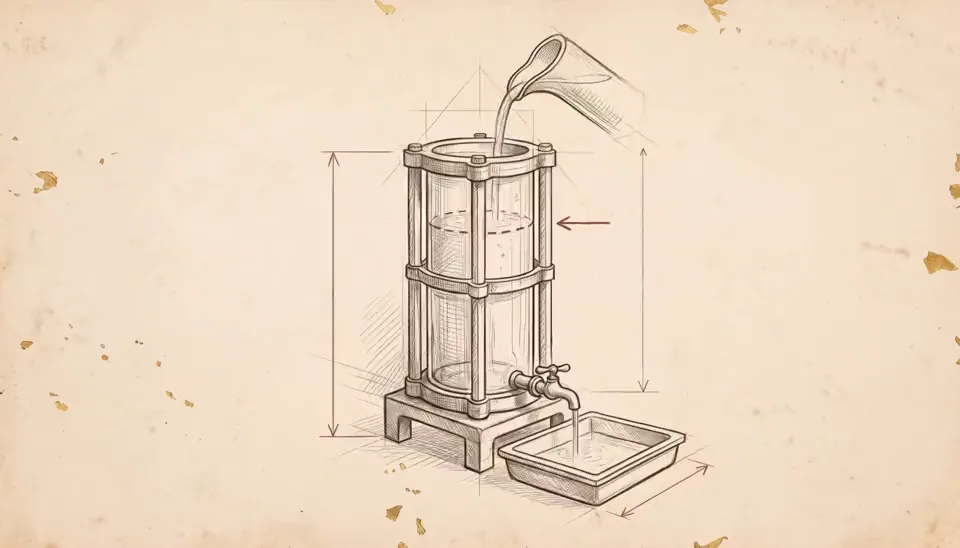 A sketched glass vessel fills with amber liquid while a tap at its base drains it
