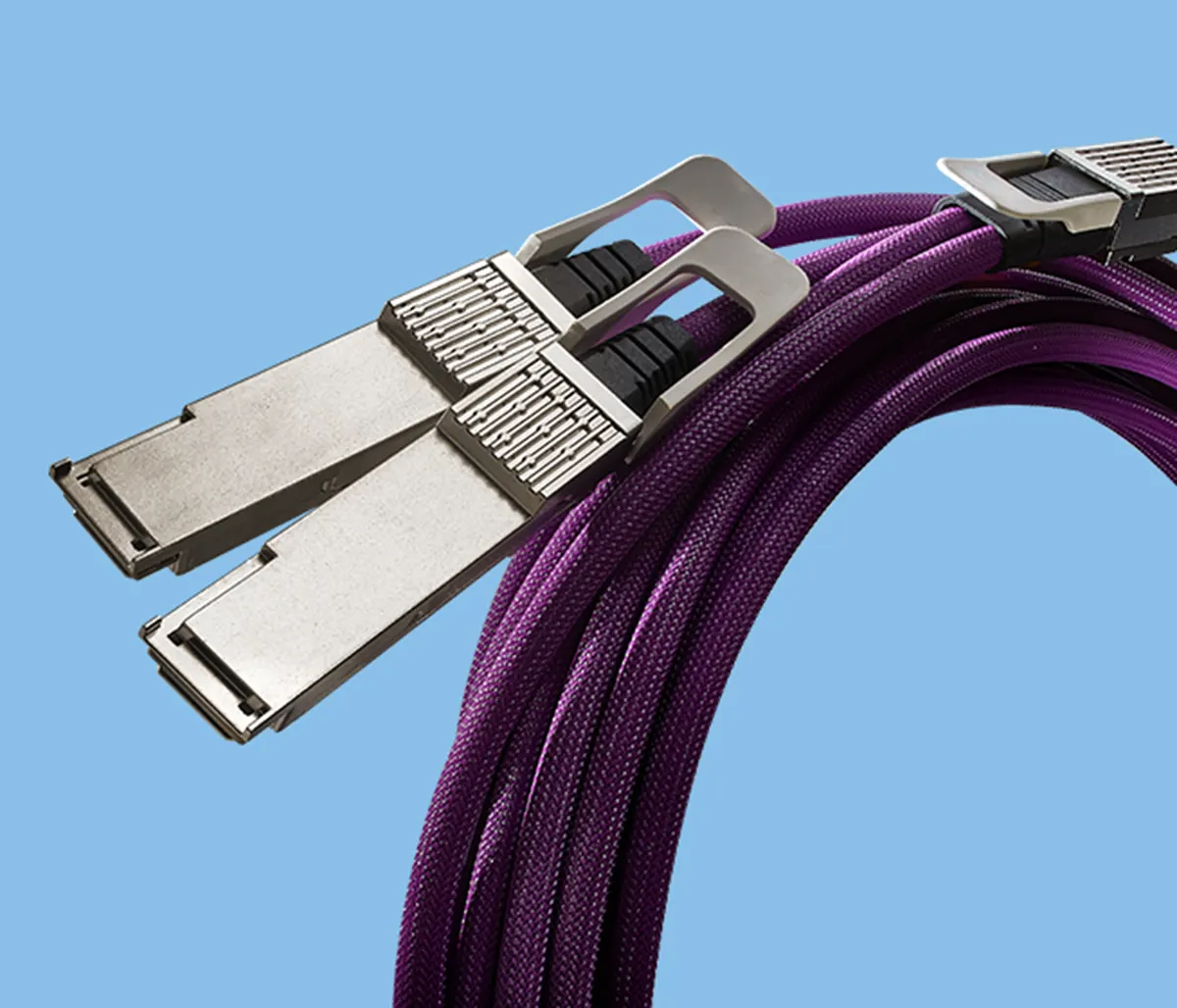 Coiled purple cables with metal connectors at each end