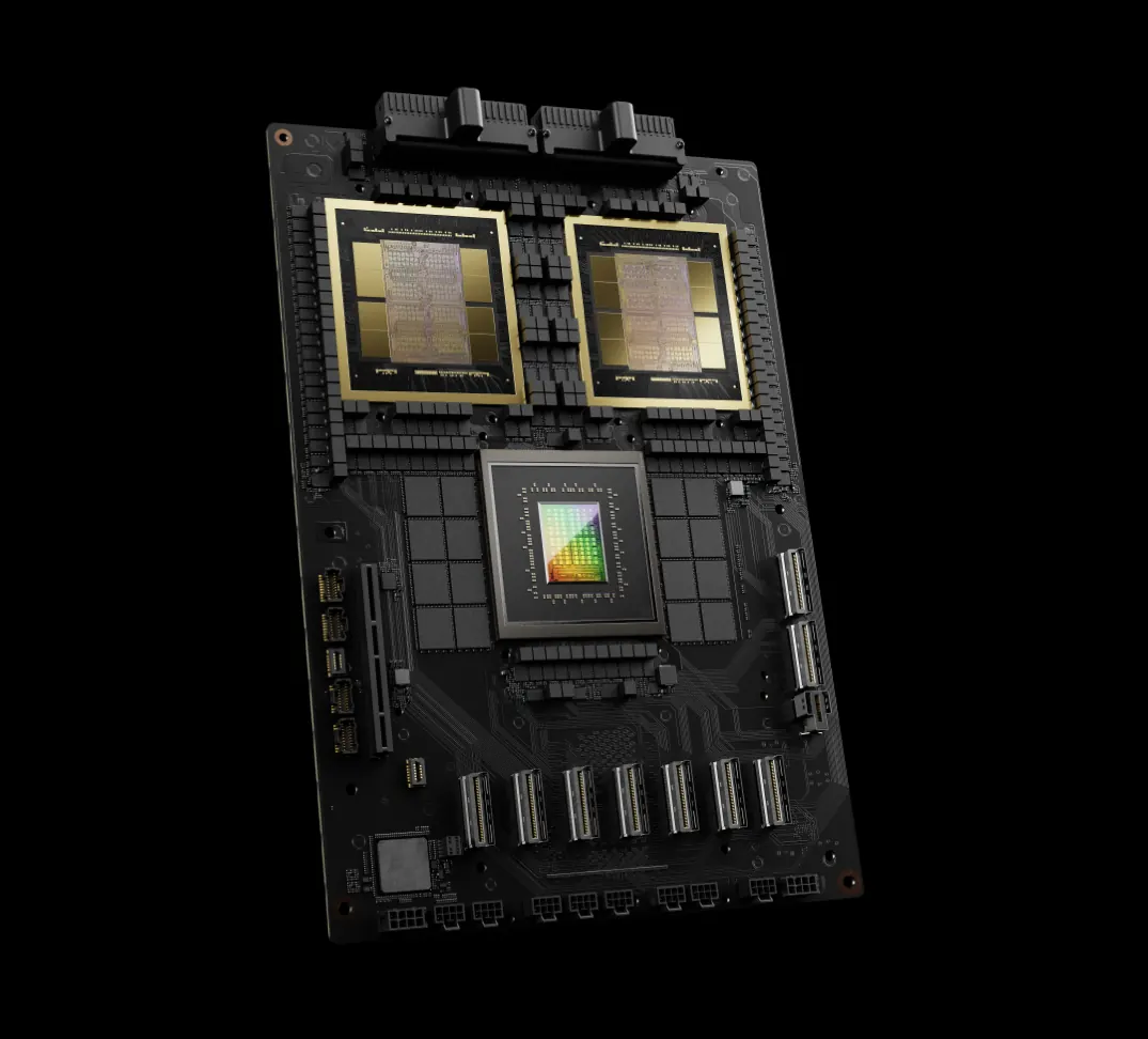 A GB200 superchip board with two large GPU packages and a Grace CPU