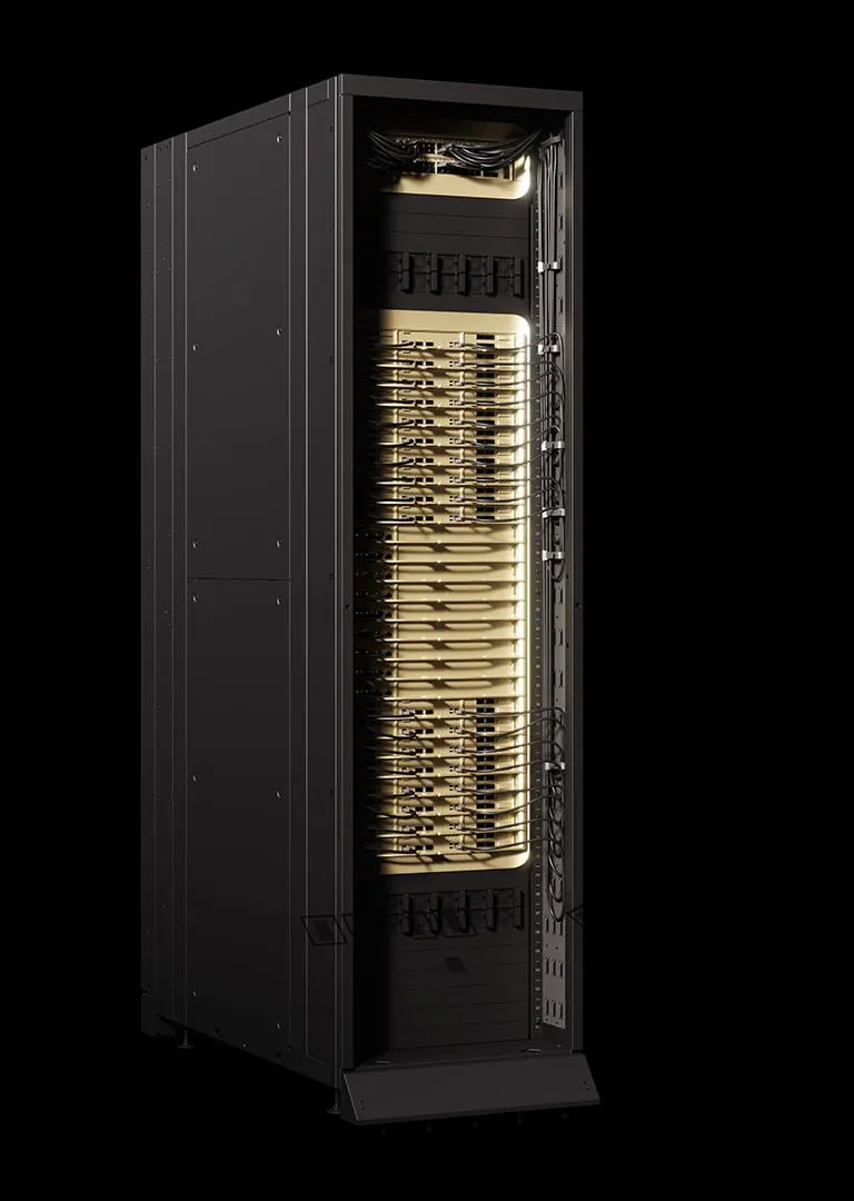 A tall black rack with gold-coloured compute trays