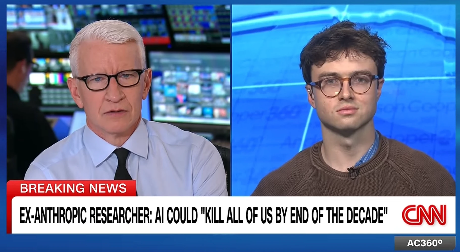 Split screen of CNN's Anderson Cooper and Jacob Coxon, above a Breaking News banner reading: Ex-Anthropic researcher: AI could kill all of us by end of the decade