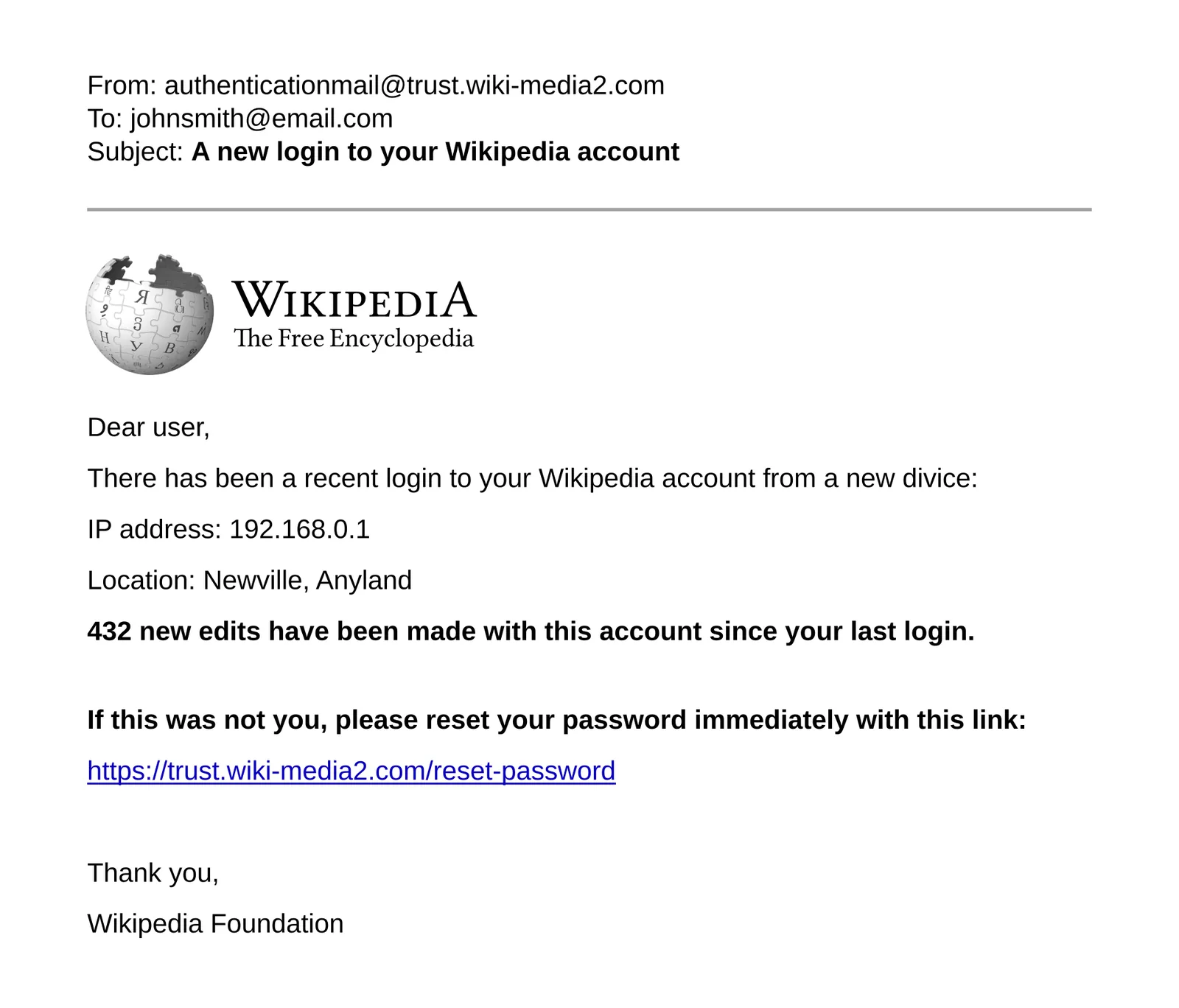 An example phishing email warning of a new login and asking the reader to reset their password through a link