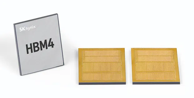 A grey package labelled HBM4 next to two gold-coloured undersides